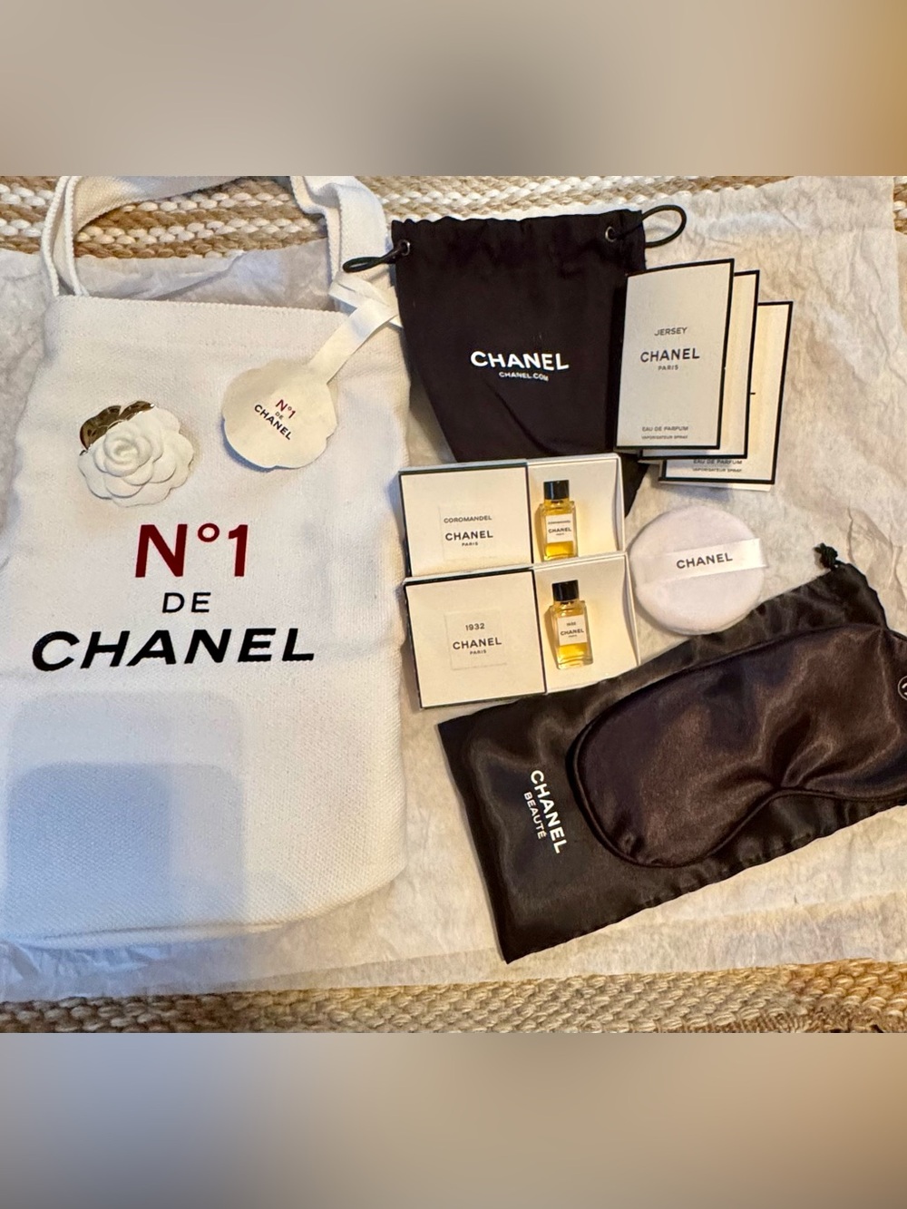 CHANEL Tote Gift Set with Black Satin Eye Mask and Gold Mini Perfumes